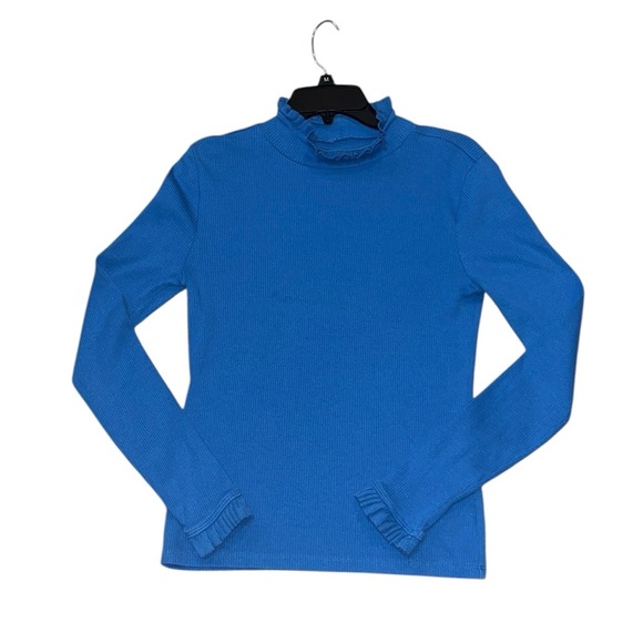 J. Crew Royal Blue Long Sleeve Ruffled Neck Ribbed Size Medium - Picture 4 of 8